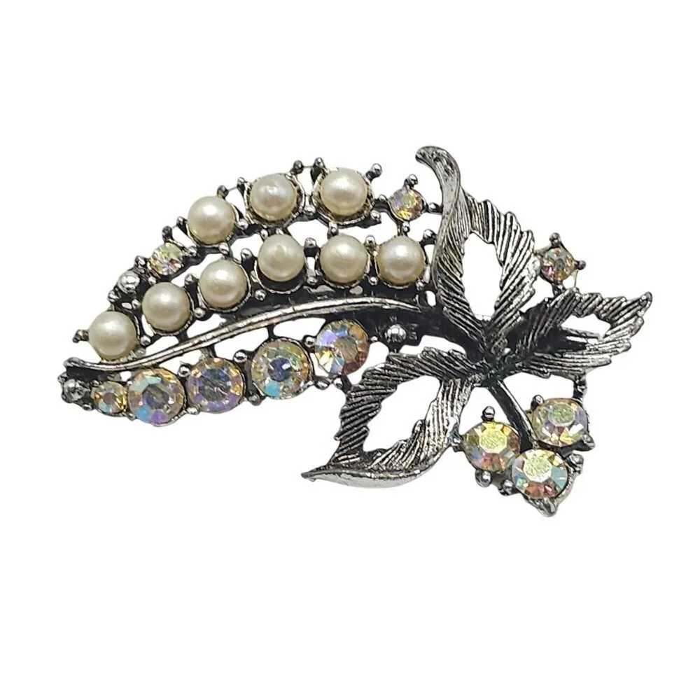 Vintage Leaf Brooch With Faux Pearls Clear AB Rhinestones Mid Century